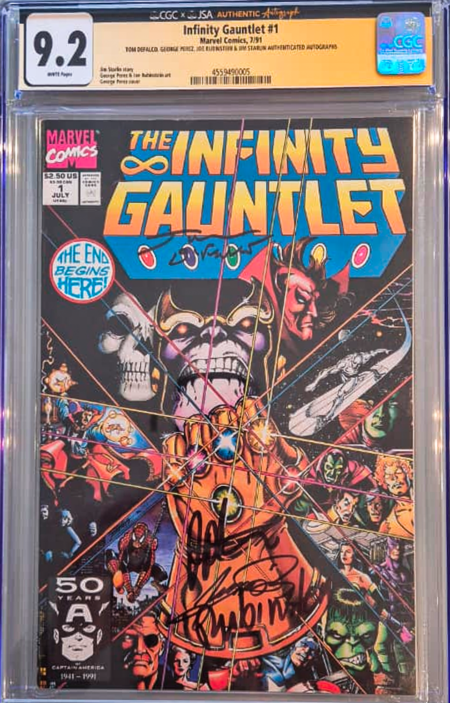 Infinity Gauntlet #1 JSA 9.2 - Signed by Tom DeFalco, Jim Starlin, George Perez and Joe Rubinstein